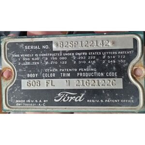 Vintage 1952 Ford 2 Dr Data Plate Tag Original